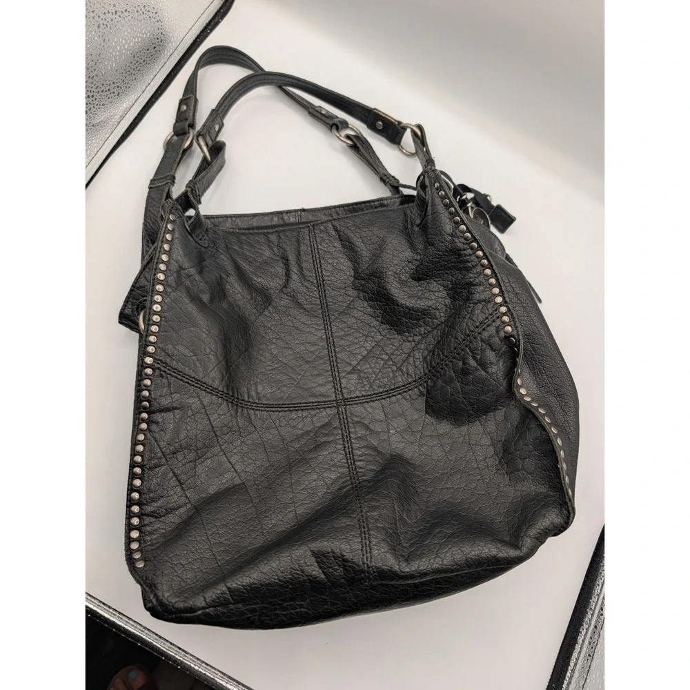 The Sak Black Pebbled Leather Studded Hobo Bag Shoulder Purse Slouchy Tote